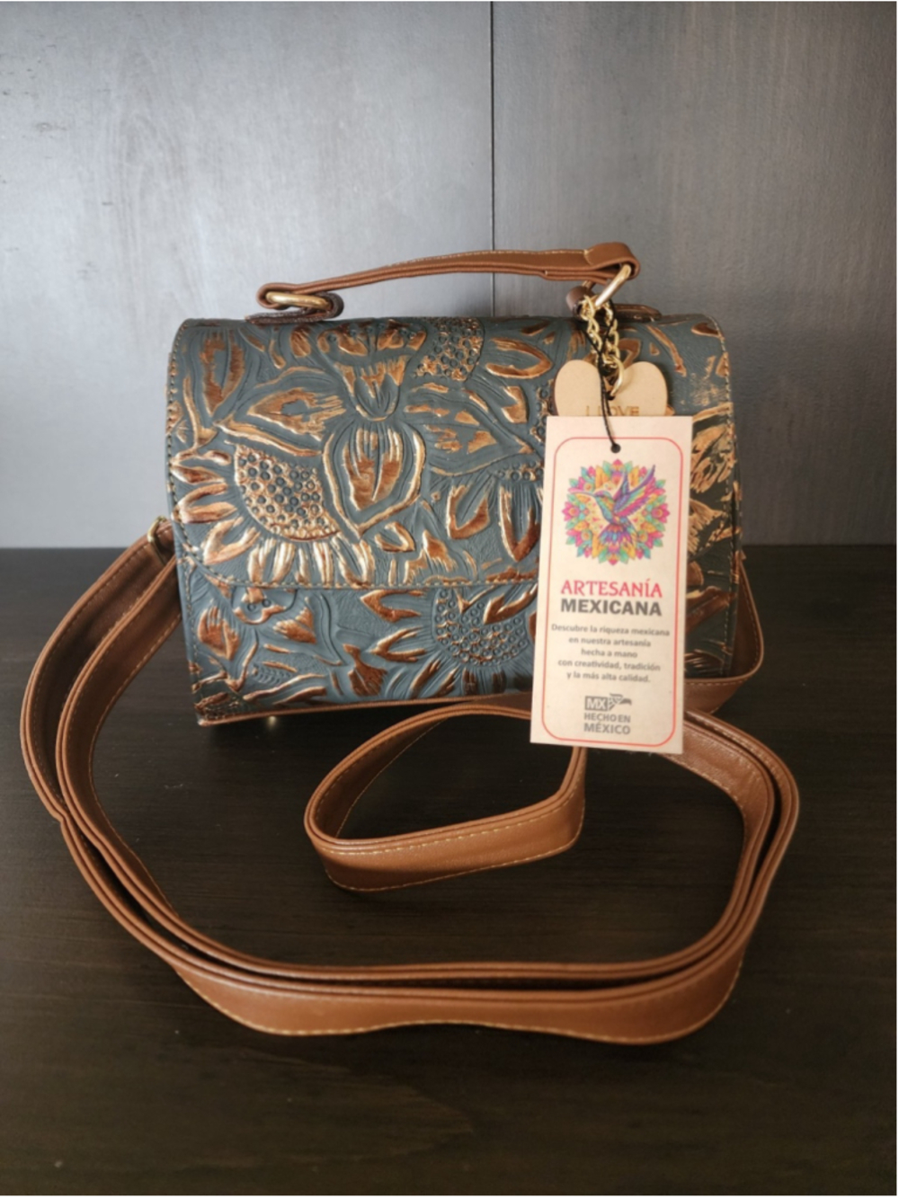 Grayish Navy Blue GOLD Sunflower Embossed Tooled Artisan Leather Crossbody Purse - Picture 14 of 16